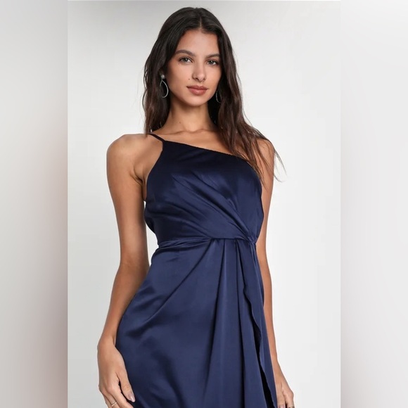 Lulu’s Law of Attraction Navy Blue One-Shoulder Asymmetrical Midi Dress - Picture 2 of 10
